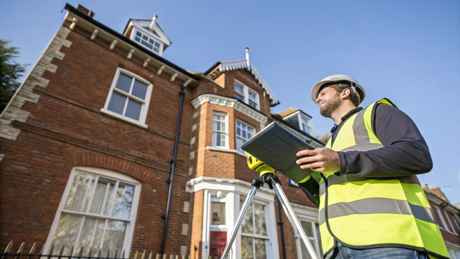 Professional surveyor inspecting Preston property